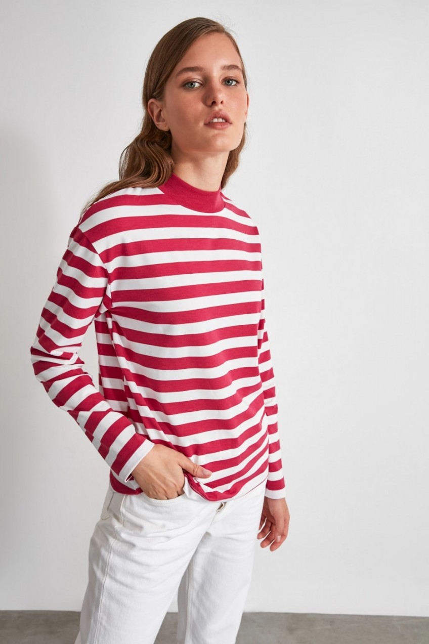 Trendyol Fuchlestriped Steep Collar Knitted T-Shirt