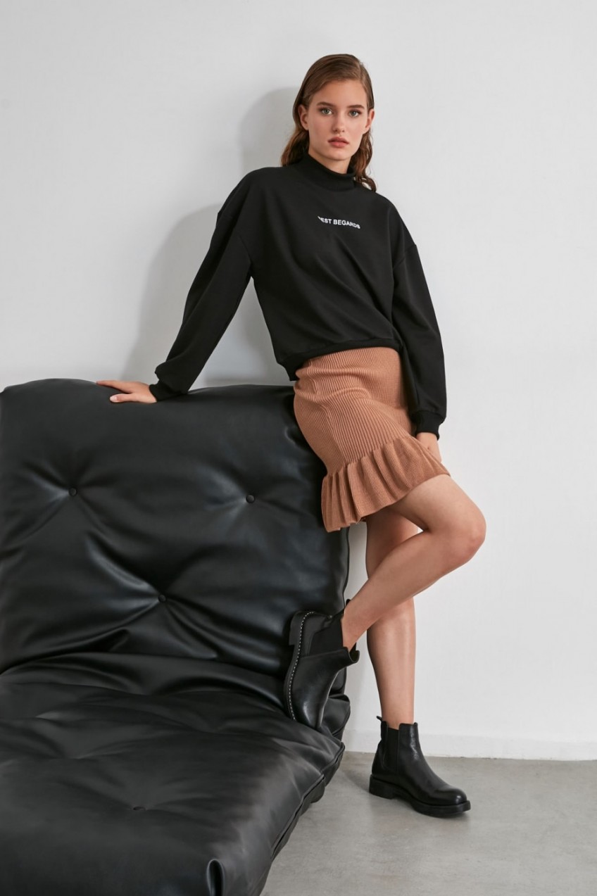 Trendyol Camel Flywheel Knitwear Skirt