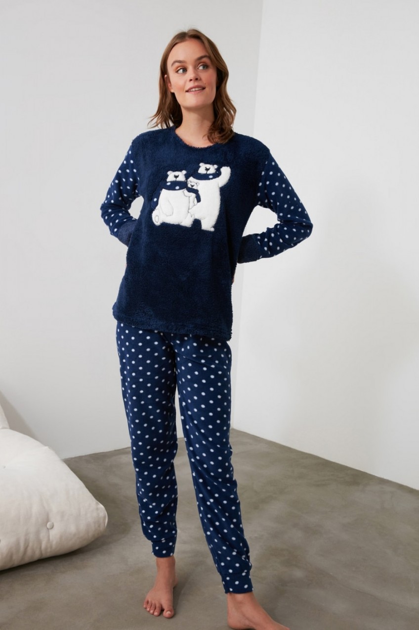 Trendyol Navy Embroidered Wellsoft Pajama Set