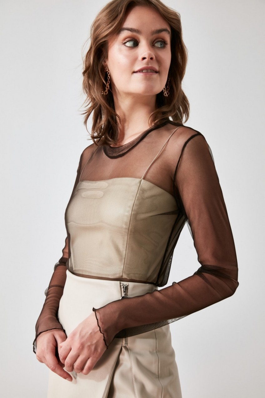 Trendyol Brown Transparent Knitted Blouse