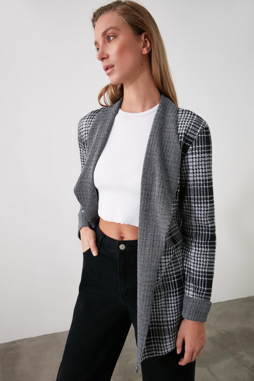 Trendyol Grey Plaid Knitted Jacket