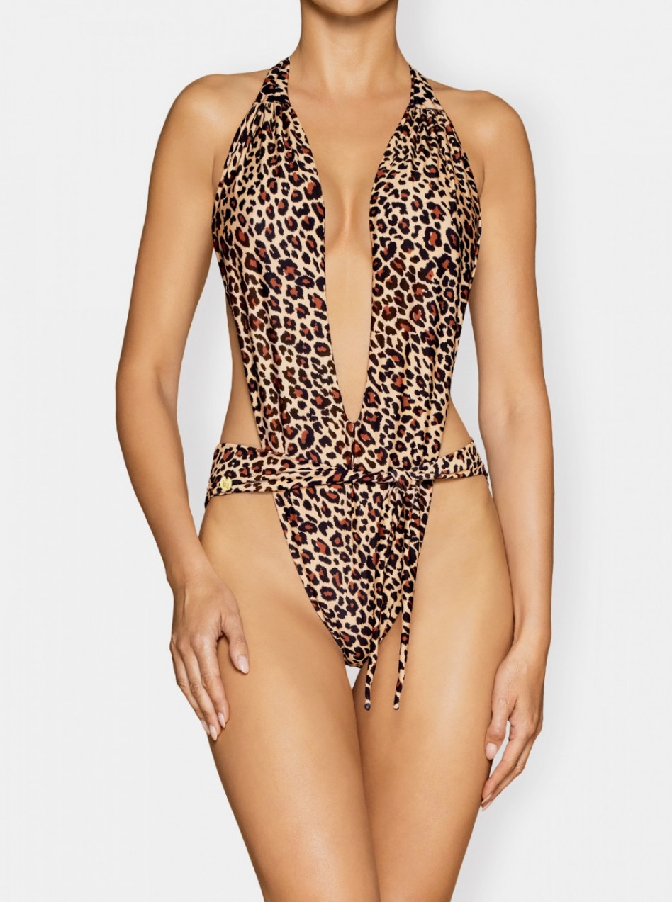 Beige one-piece swimsuit with leopard print Obsessive Cancunella