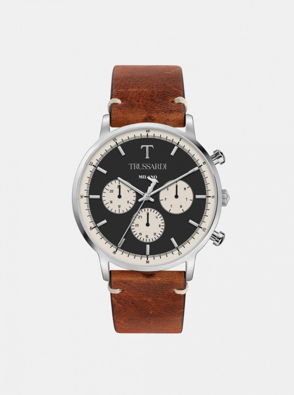 Men's watch with brown trussardi leather belt