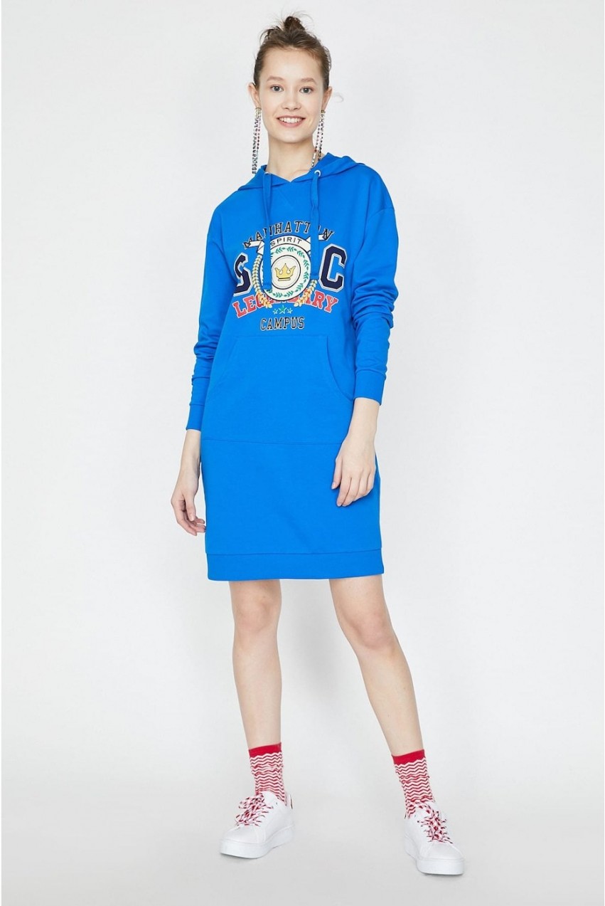 Koton női kék kapucnis hosszú ujjú Midi Pocket Részlet Nyomtatott ruha