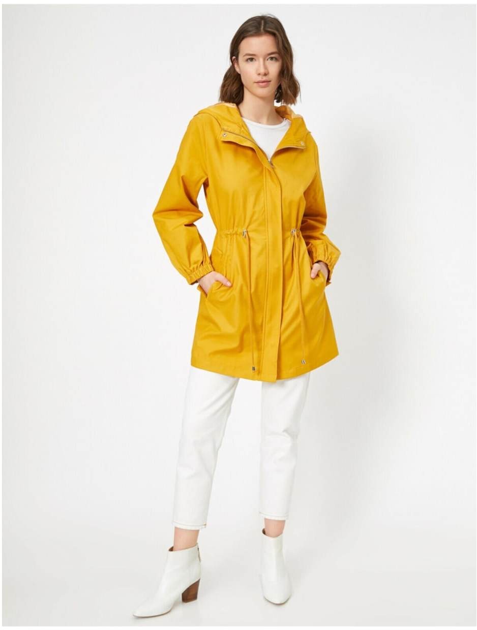 Koton Women's Yellow Waist Adjustable Hooded Trench Coat