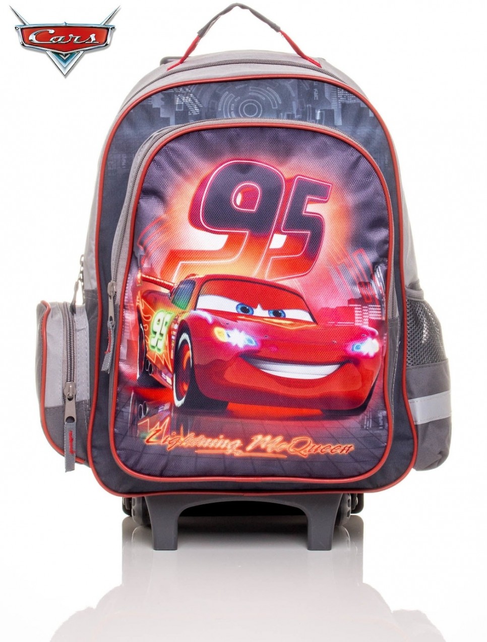 School backpack with a handle on wheels with the CARS motif