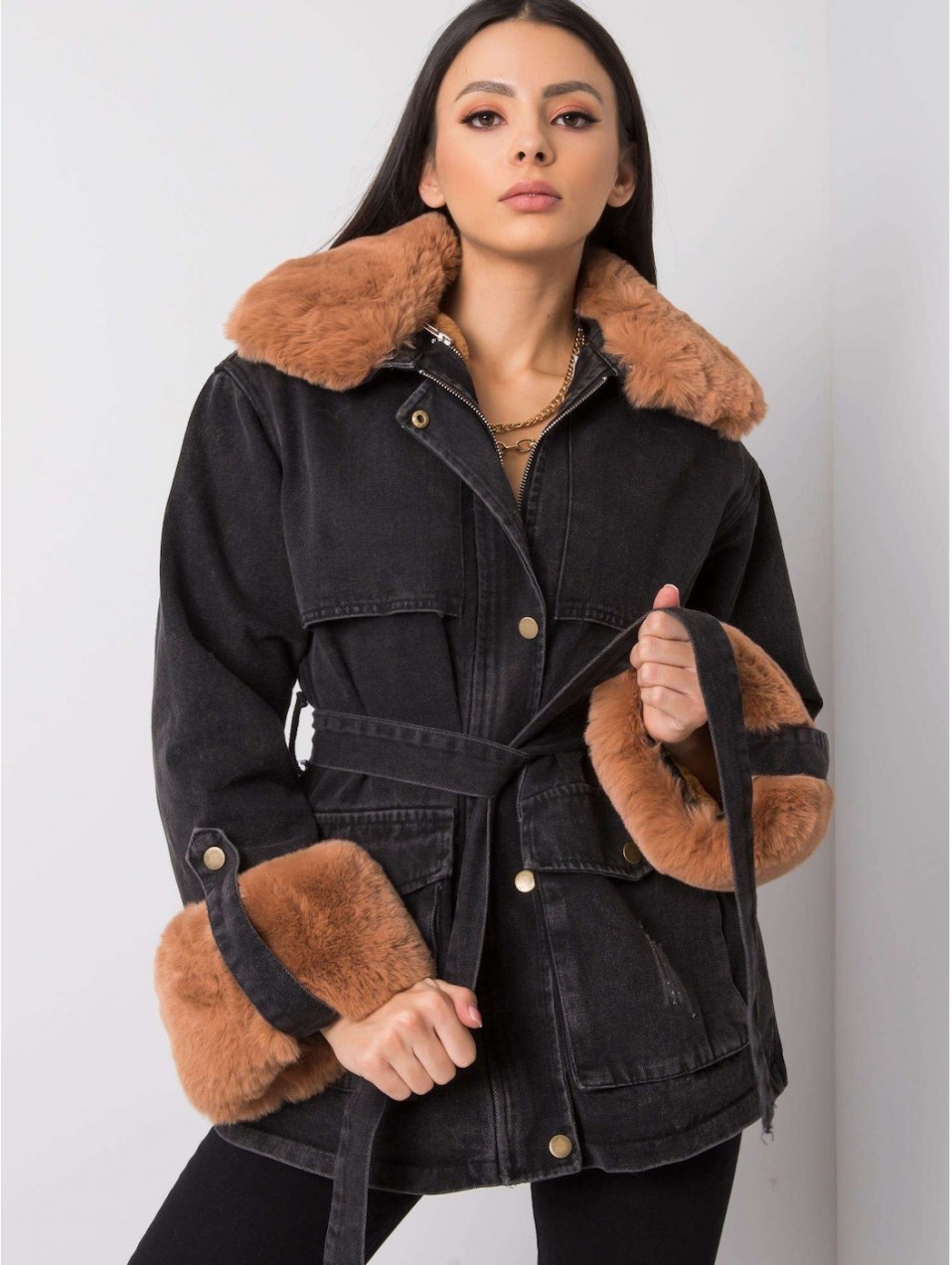 Graphite denim jacket with fur