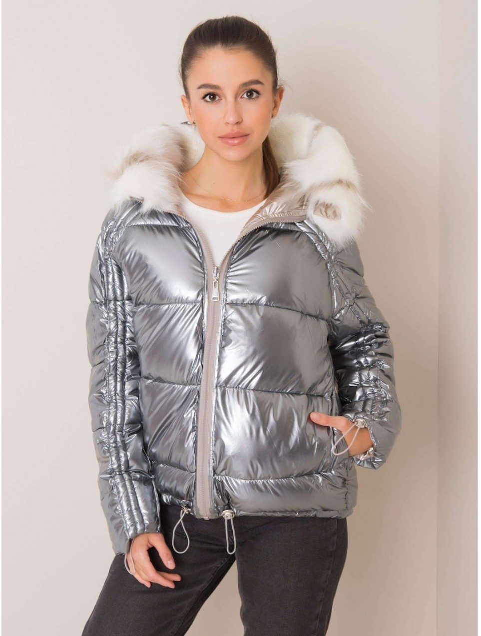 Beige and silver reversible winter jacket with fur