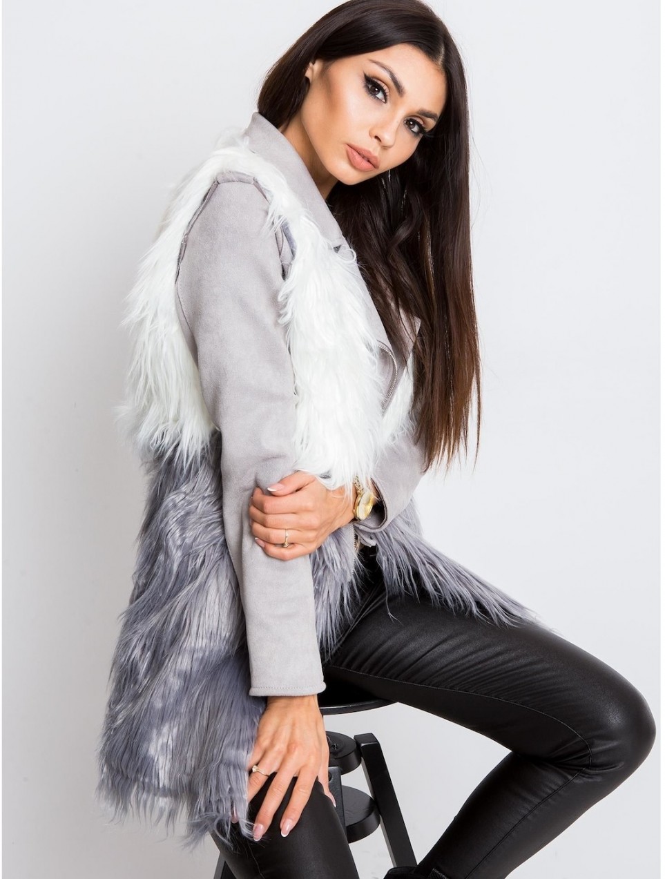 White and gray fur vest