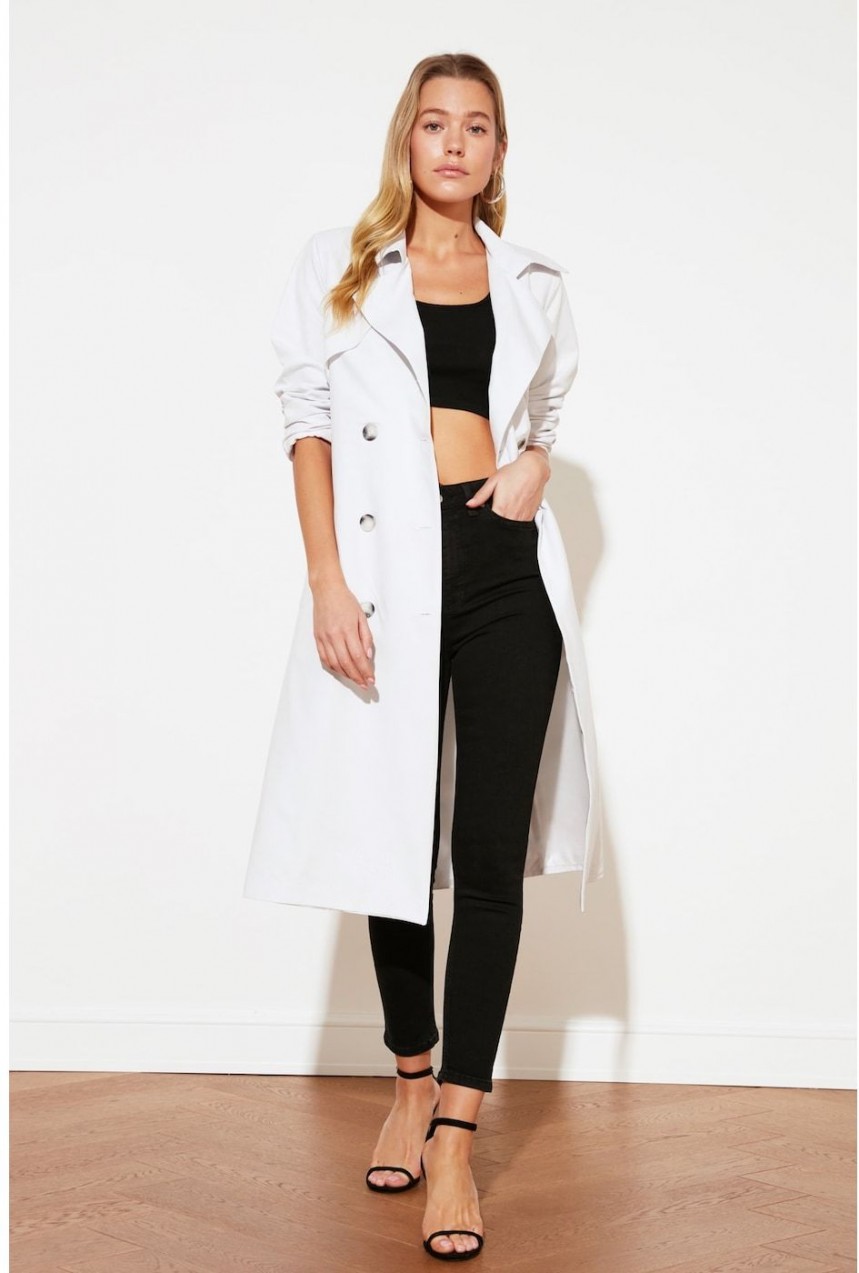 Trendyol Gray Belted Buttoned Long Trench Coat
