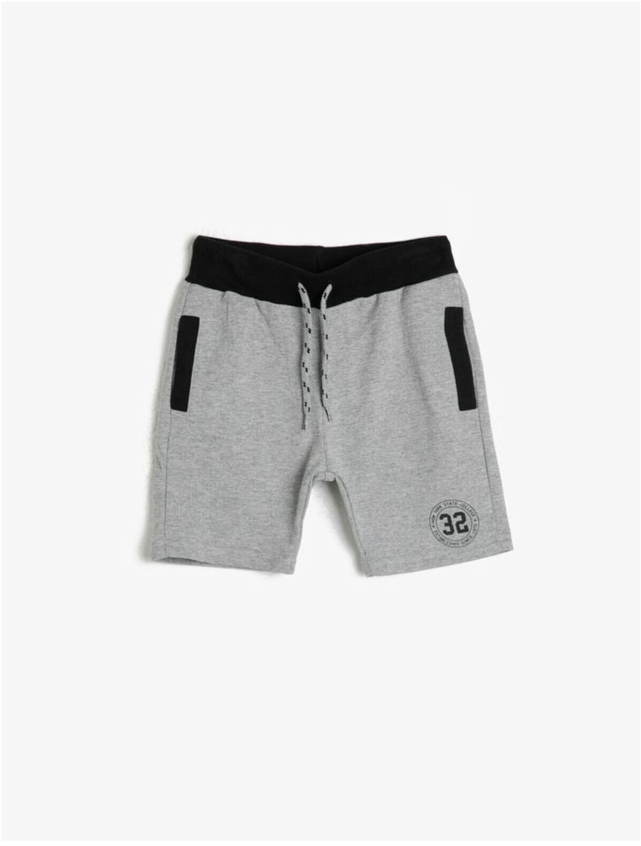 Koton Boys' Gray Printed Thin Sweatshirt Fabric Contrast Color Pocket and Waist Ribbed Cord Shorts