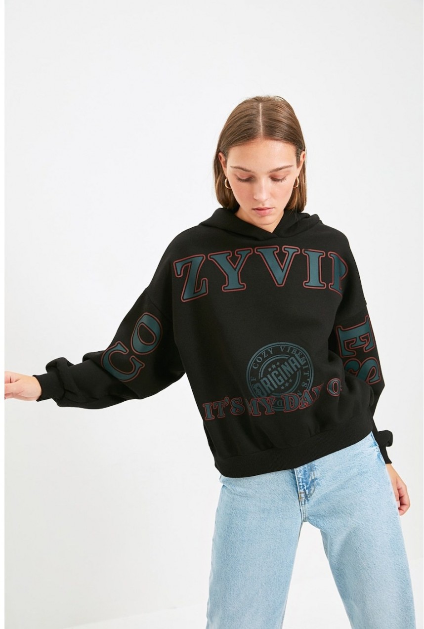 Trendyol Black Hoodie Printed Knitted Sweatshirt