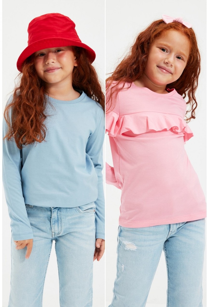 Trendyol Light Blue-Pink 2-pack Frill Detailed Girl Knitted T-Shirt