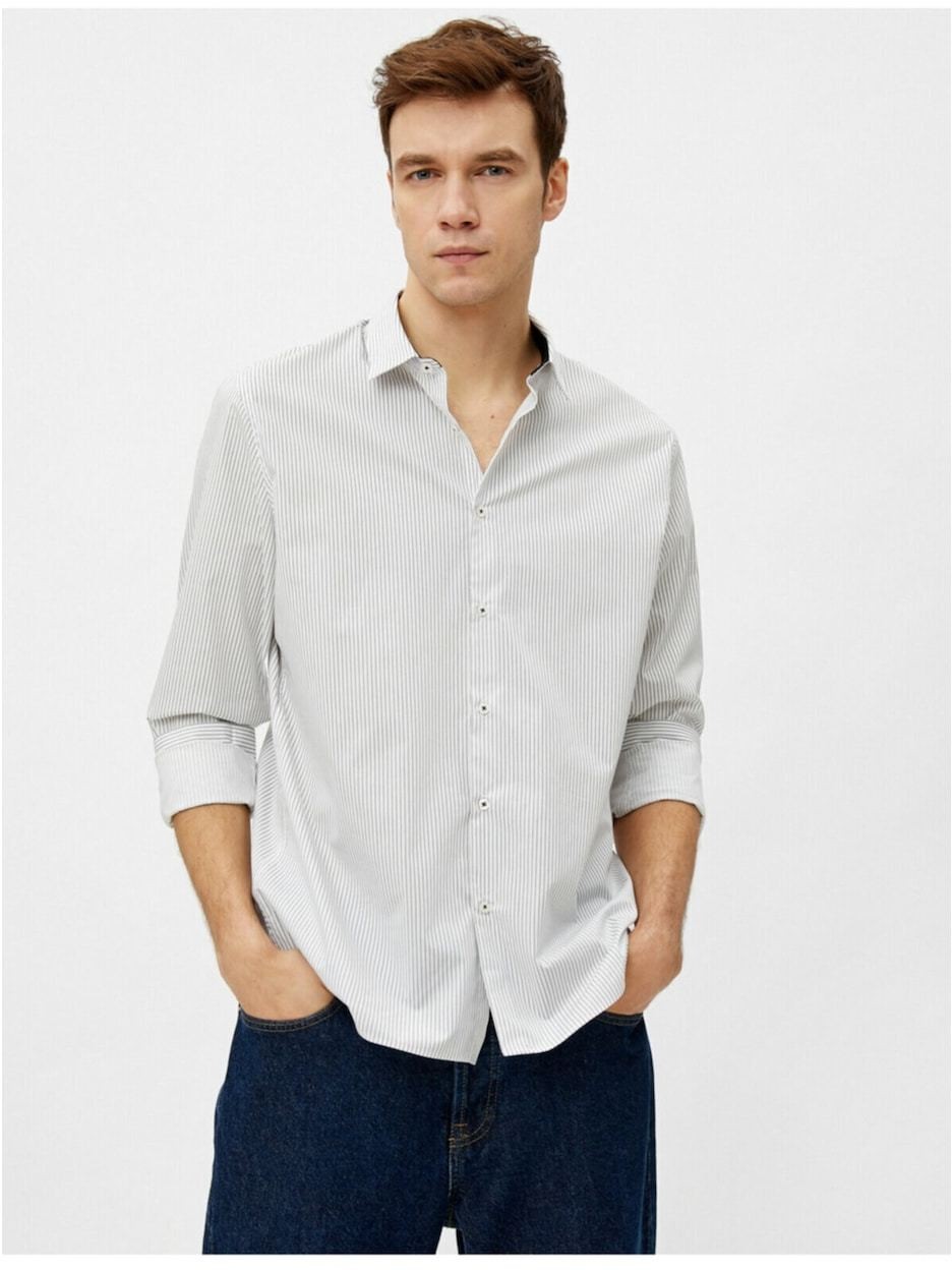 Koton Men's Striped Classic Collar Long Sleeve Cotton Shirt
