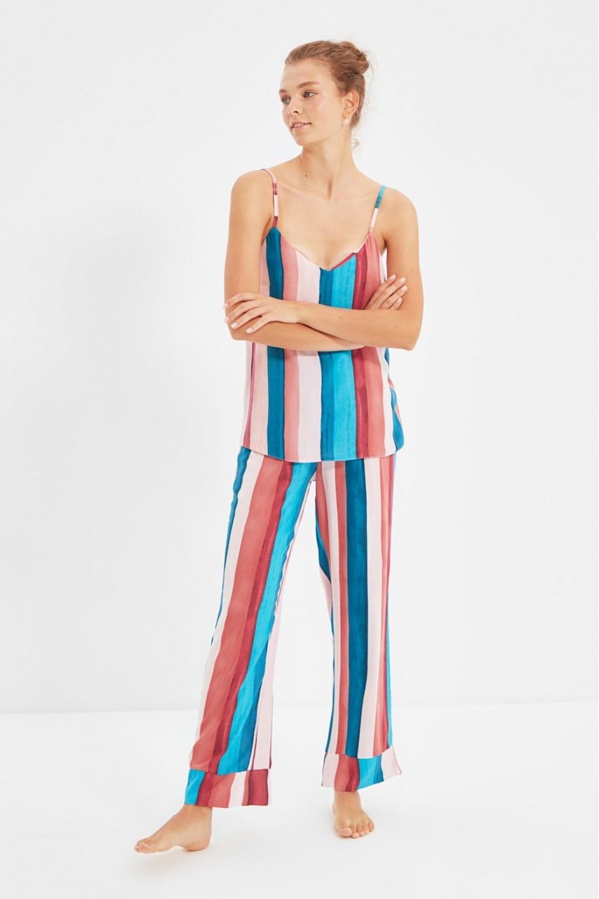Trendyol Multi Color Striped Woven Viscose Pajamas Set