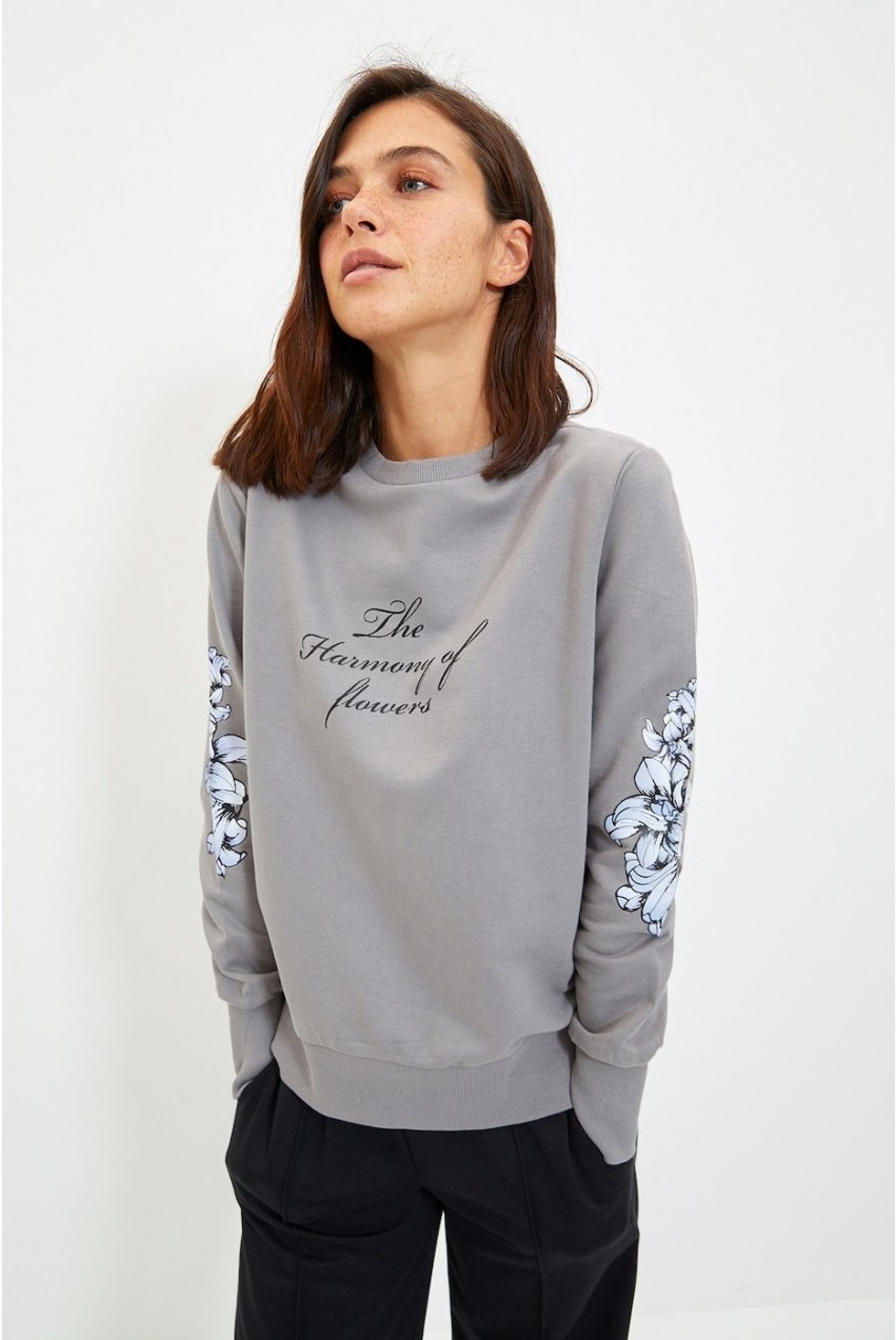 Trendyol Gray Printed Raised Knitted Sweatshirt