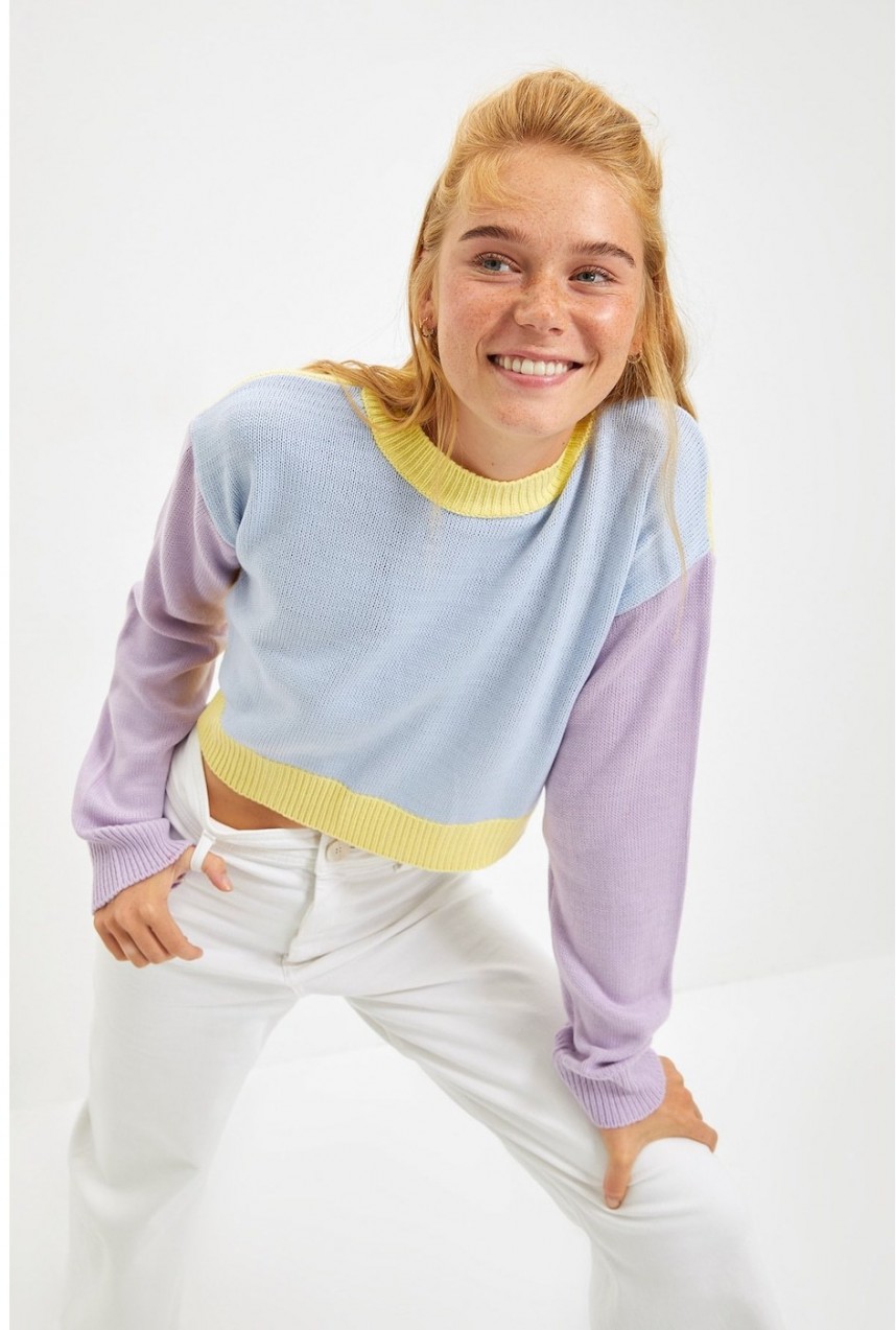 Trendyol Light Blue Color Block Crop Knitwear Sweater