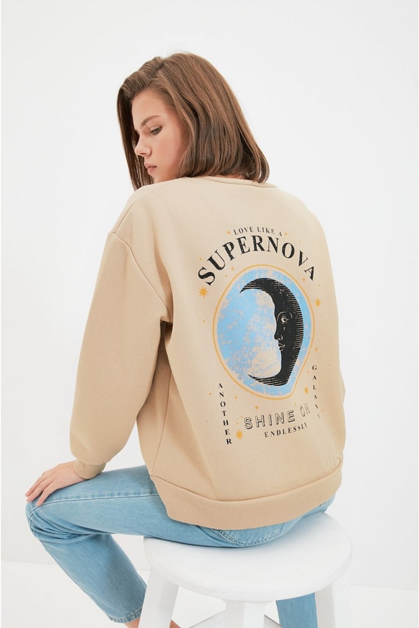 Trendyol Stone Back Print Detailed Knitted Sweatshirt