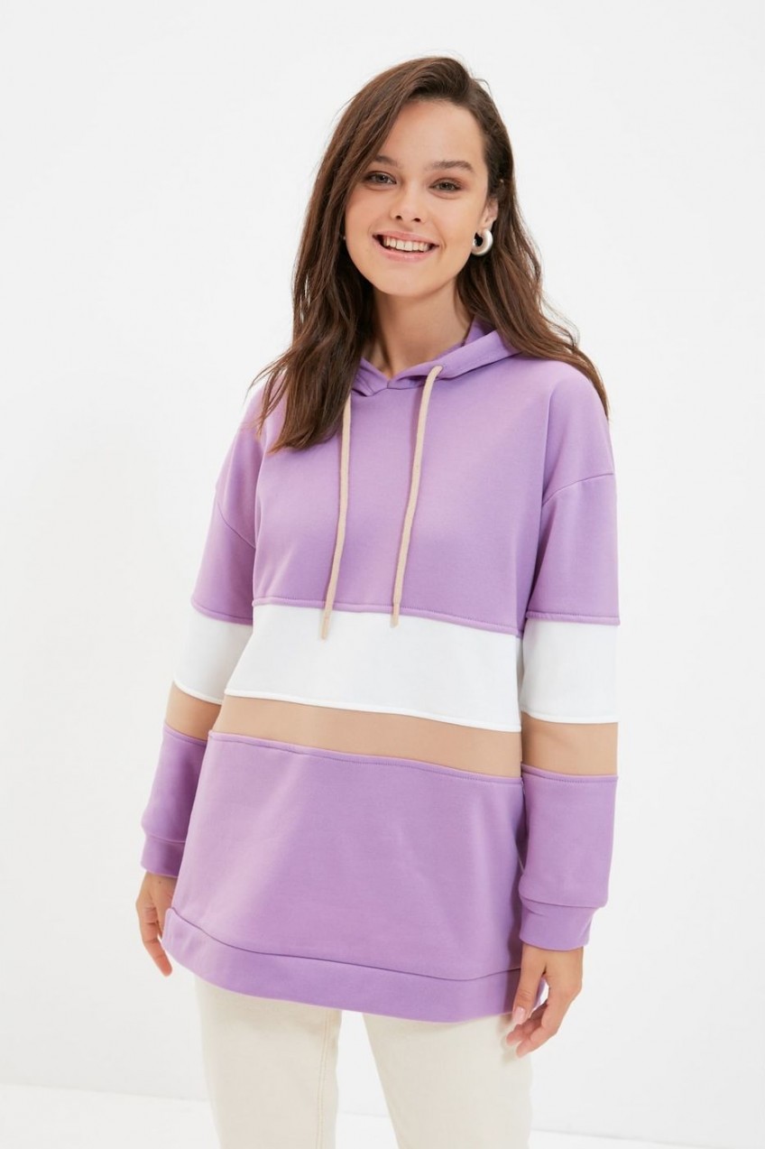 Trendyol Lilac Hooded Color Block Ome Sweatshirt