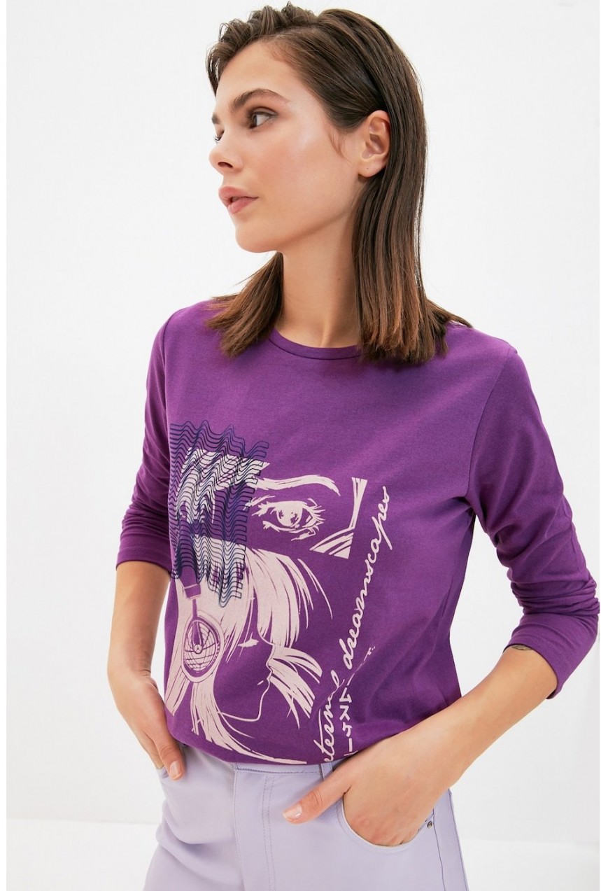 Trendyol Purple Basic Front and Back Printed Knitted T-Shirt