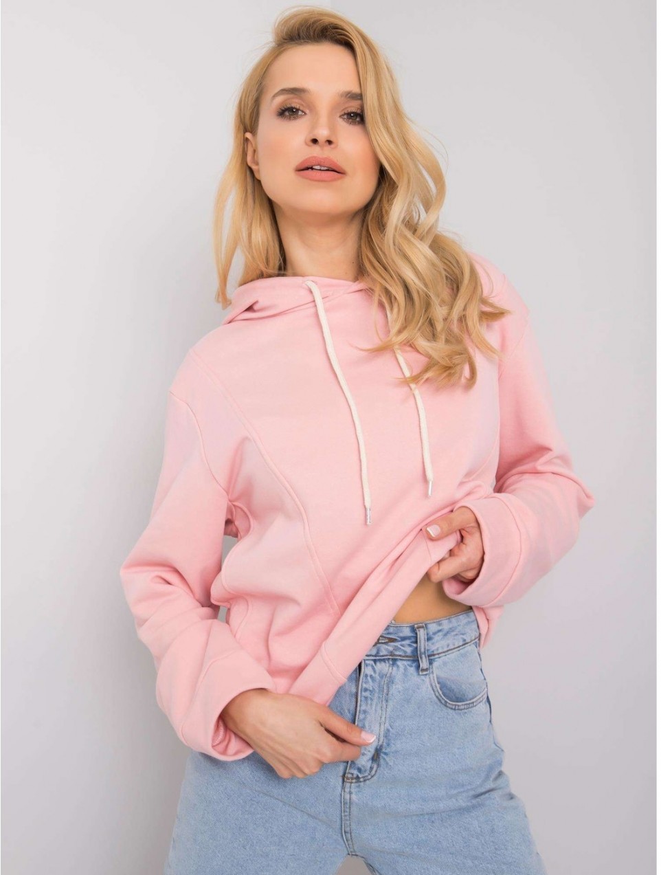 Női világos rózsaszín kapucnis pulóver
