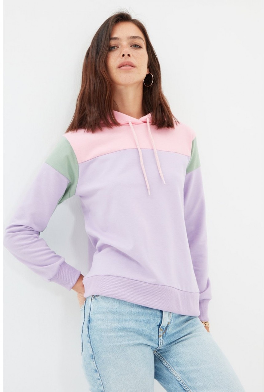 Trendyol Mint Color Block Basic Hooded Thin Knitted Sweatshirt