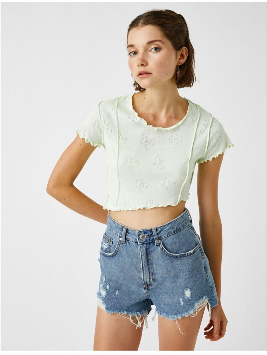Koton Butterfly Detailed T-Shirt Crop Short Sleeve Cotton