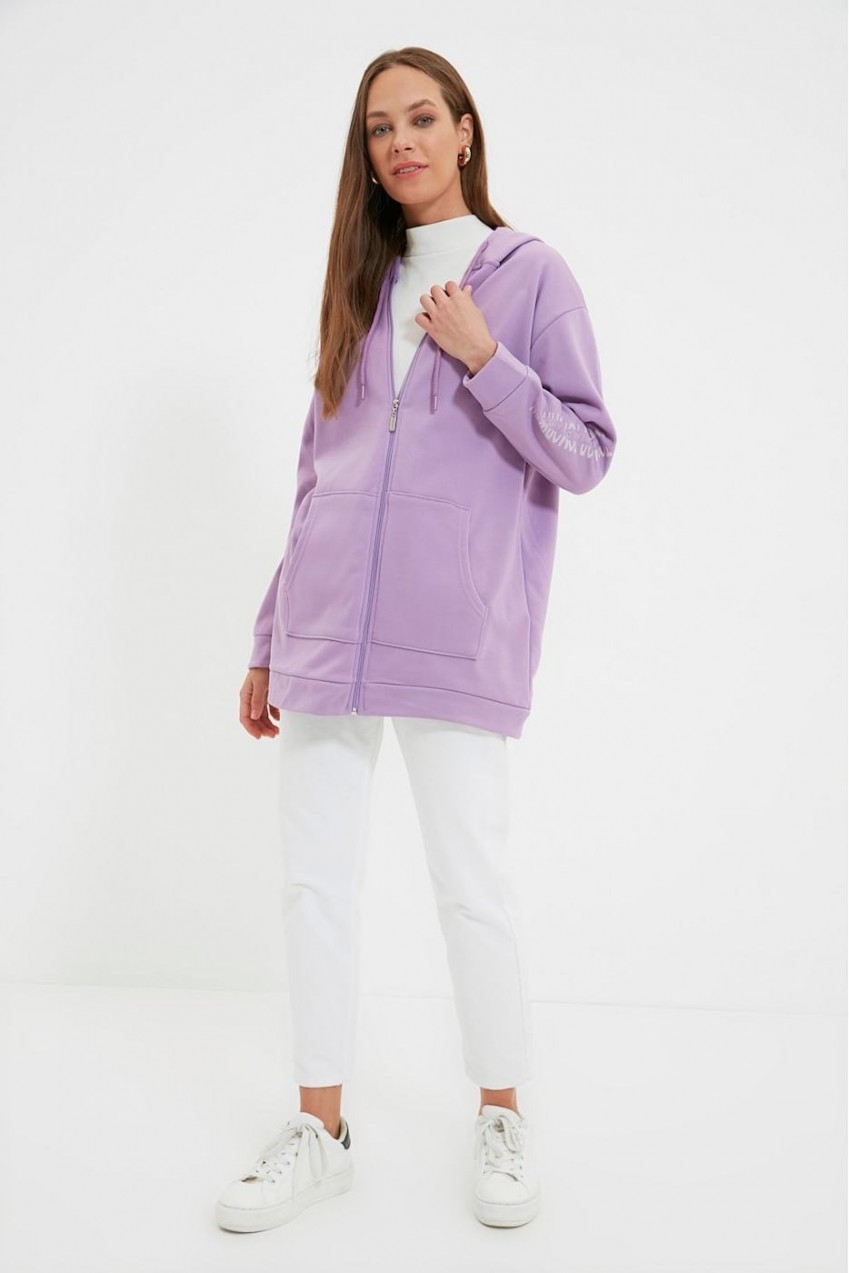 Trendyol Purple Hooded Sleeve Printed Feathered Knitted Sweatshirt