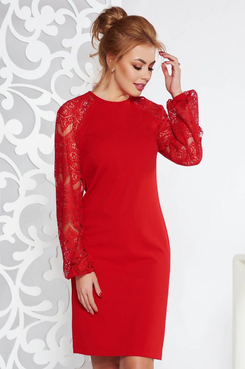 Piros StarShinerS elegáns bő szabású midi ruha enyhén rugalmas anyag csipke ujjakkal