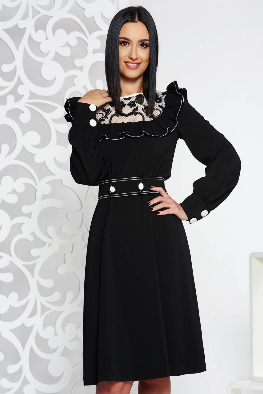 Fekete LaDonna elegáns ruha rugalmatlan szövet fodros csipke díszítéssel övvel ellátva