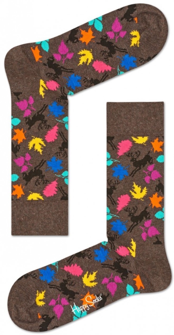Happy Socks barna-szürke zokni levelekkel és szarvasokkal Fall - 36-40