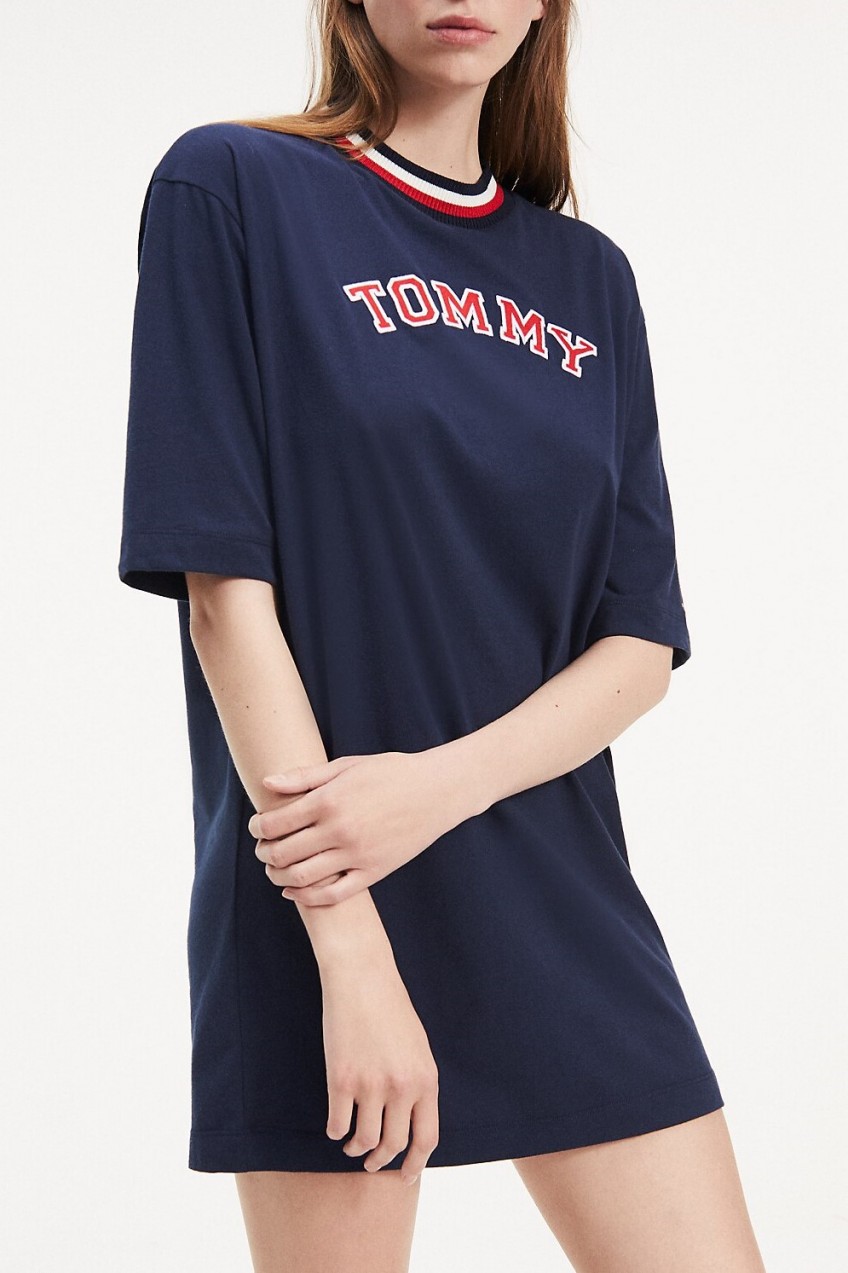 Tommy Hilfiger sötétkék lezser ruha CN Dress LS logóval  - S
