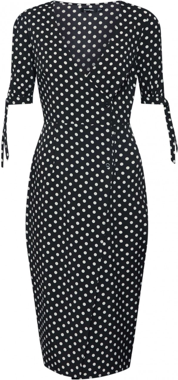 Ruha 'WRAP FRONT POLKA MIDI DRESS' Boohoo Fekete / Fehér Boohoo
