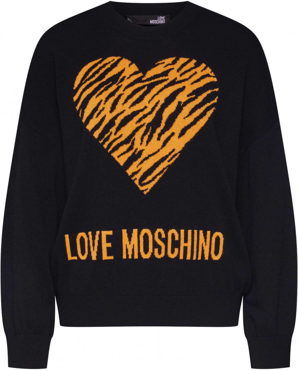 Love Moschino Pulóver 'MAGLIA CON CUORE JACQUARD TIGRE'  fekete