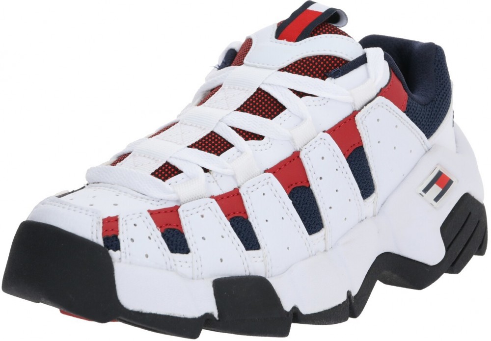 Tommy Jeans Rövid szárú edzőcipők 'WMNS CHUNKY HERITAGE SNEAKER'  fehér / sötétkék / piros