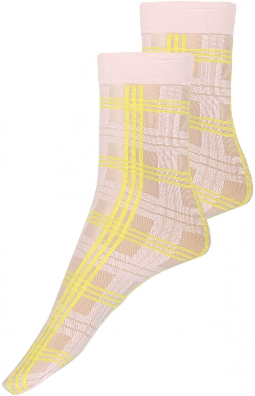 Swedish Stockings Zokni 'Greta Tartan Socks Light Pink/Neon Yellow'  neonsárga / rózsaszín