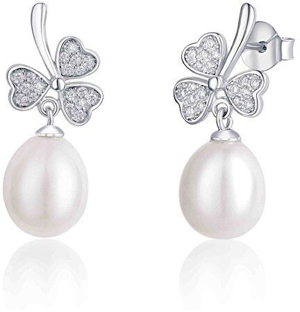 JwL Luxury Pearls Négylevelű lóhere ezüst fülbevaló gyönggyel és cirkónium kővel JL0618