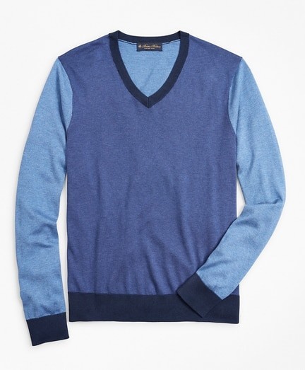 Pulóver Brooks Brothers Swt Ml Silk Cotton Colorblock Vneck Color Block Blue