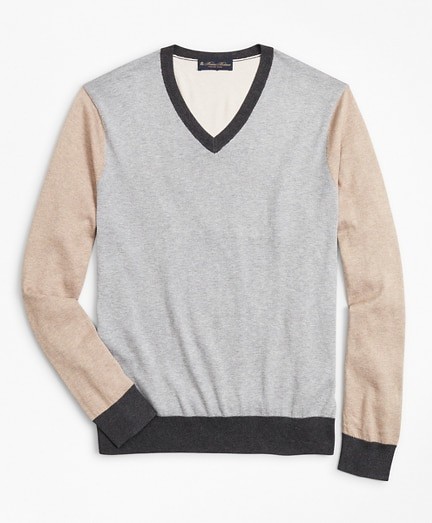 Pulóver Brooks Brothers Swt Ml Silk Cotton Colorblock Vneck Color Block Grey