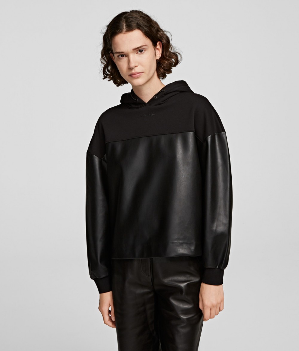 Melegítő Felső Karl Lagerfeld Faux Leather Fabric Mix Hoodie