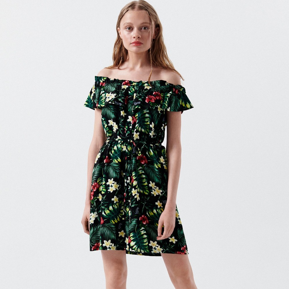 Cropp - Virágos, spanyol stílusú ruha - Zöld